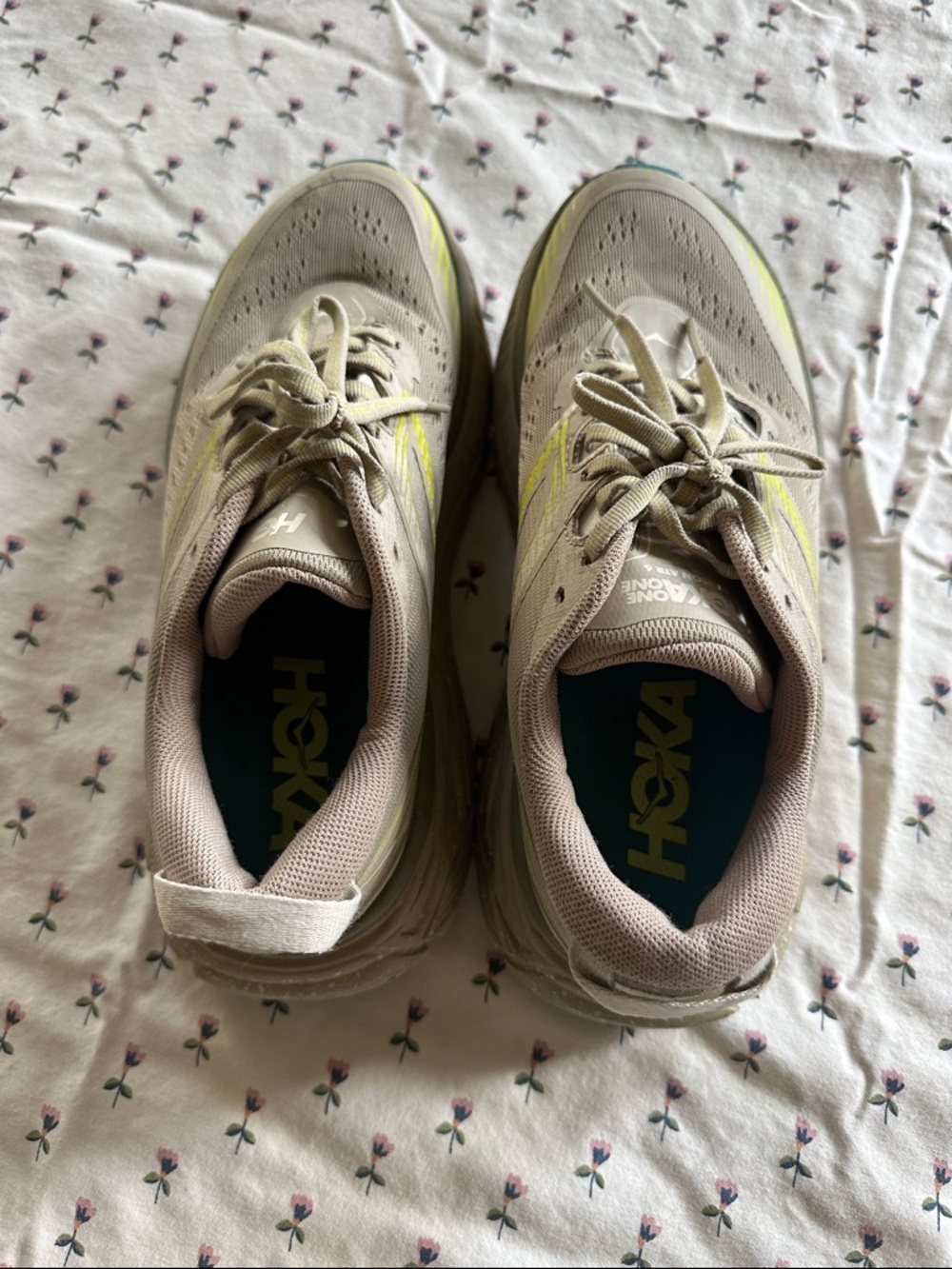 Hoka Women’s Beige Sneakers with Yellow Accent